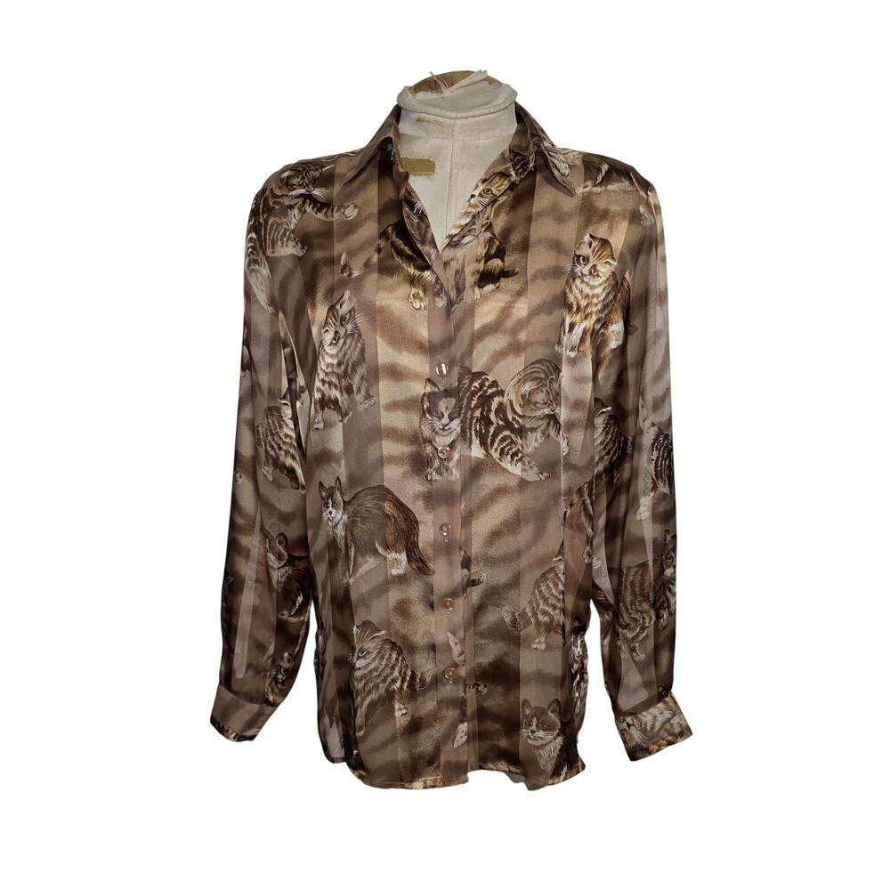 Vintage BON WORTH Cat shirt‎ Size XS  kittens Sheer blouse Brown